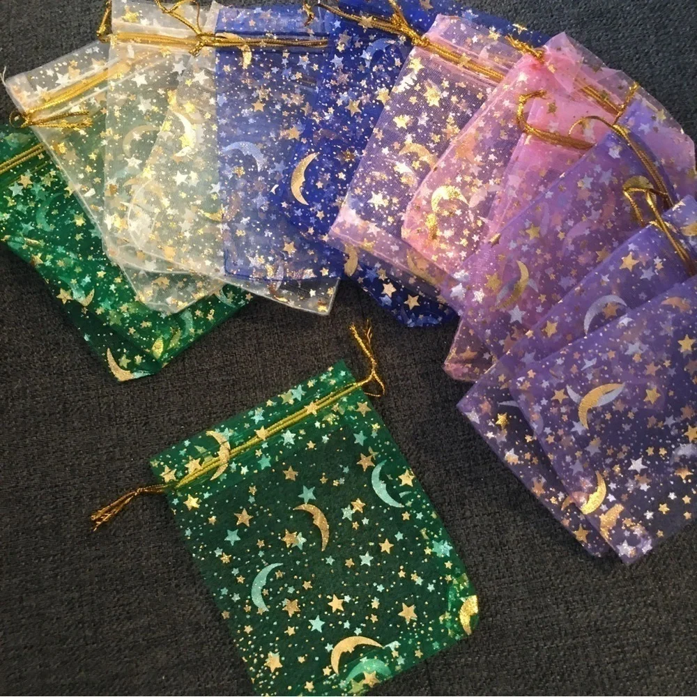 12 Count - Moon + Star Small Jewelry Organza Drawstring Bags, ~4 x 5 inches